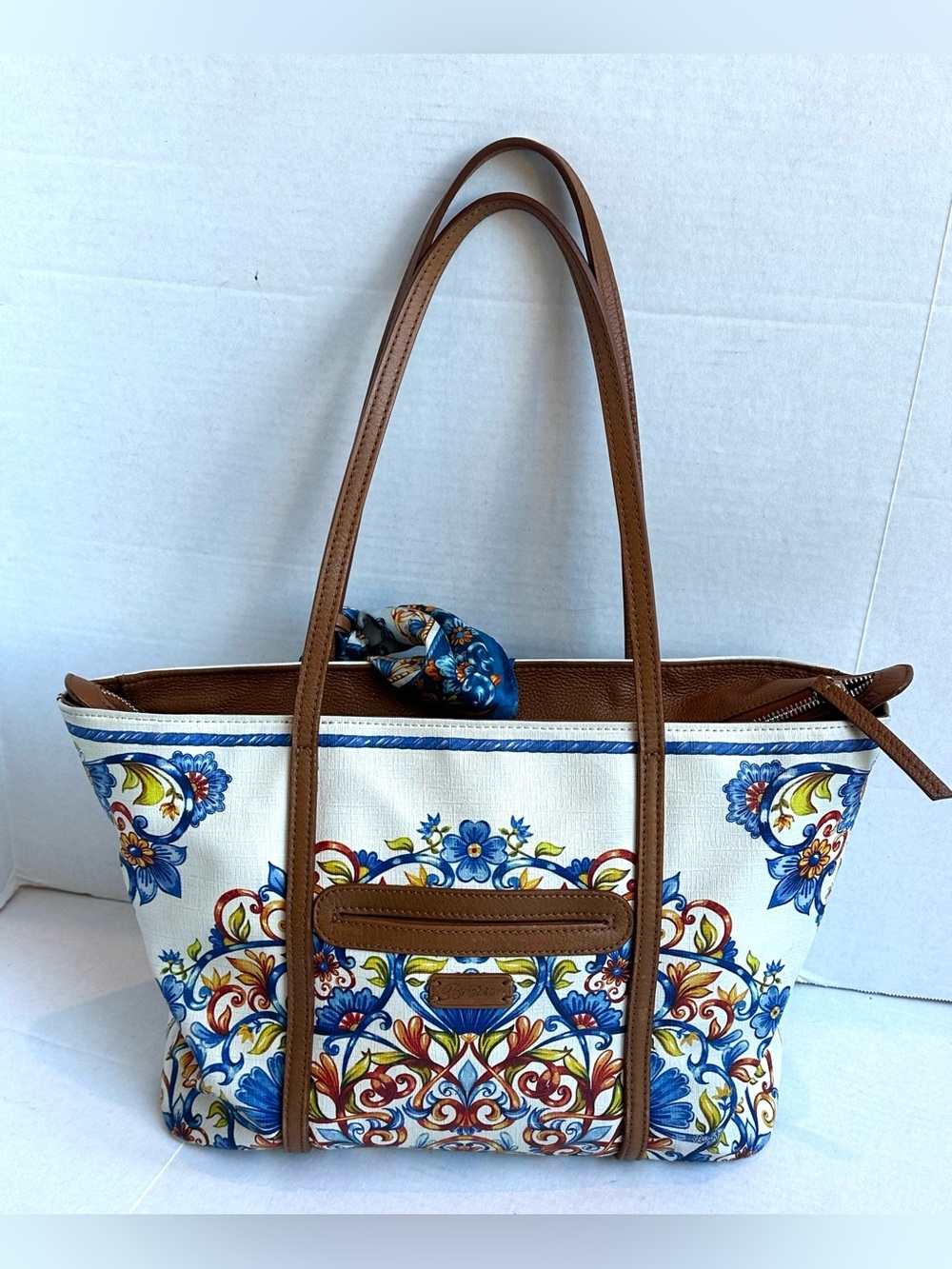 Brighton Piatto Collection Ballina Tote Coated Canvas Leather Trim Scarf Charm